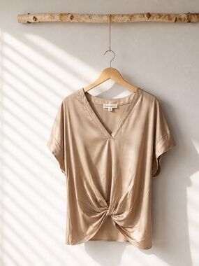 Love and promises.   Beige Satin Twist-Front V-Neck Top